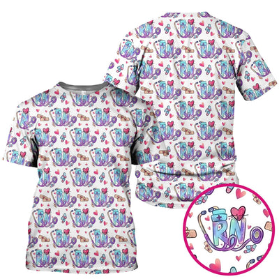 Nurse Life RN Heart Pattern Scrub Top, Breathable Fabrics Nursing Uniform