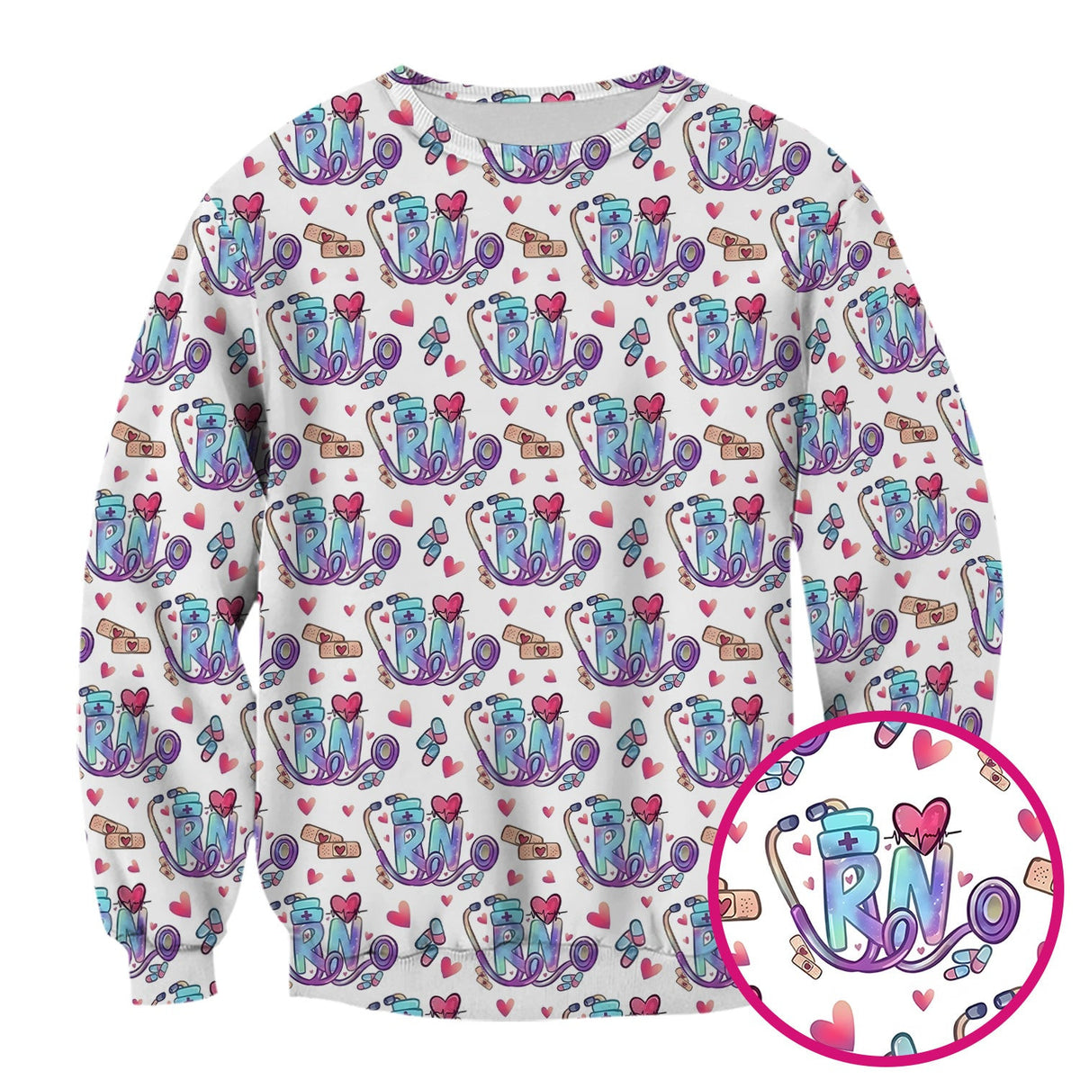 Nurse Life RN Heart Pattern Scrub Top, Breathable Fabrics Nursing Uniform