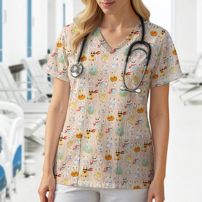 Cute Nurse Hamster Pattern Scrubs Top, Comfortable Scrubs for Nurses