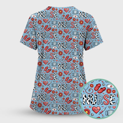 Cute Nurse Medical Icon Pattern Scrub Top, Comfortable Scrubs for Nurses