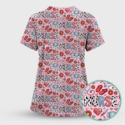 Cute Nurse Medical Icon Pattern Scrub Top, Comfortable Scrubs for Nurses