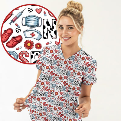 Cute Nurse Medical Icon Pattern Scrub Top, Comfortable Scrubs for Nurses