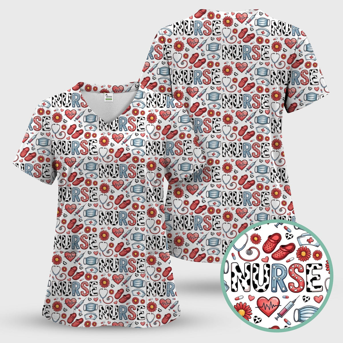 Cute Nurse Medical Icon Pattern Scrub Top, Comfortable Scrubs for Nurses