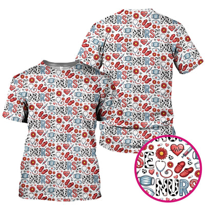 Cute Nurse Medical Icon Pattern Scrub Top, Comfortable Scrubs for Nurses