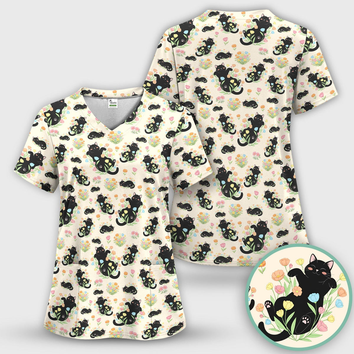 Cats With Cute Poses Floral Pattern Scrubs Top, Comfortable Scrubs for Nurses