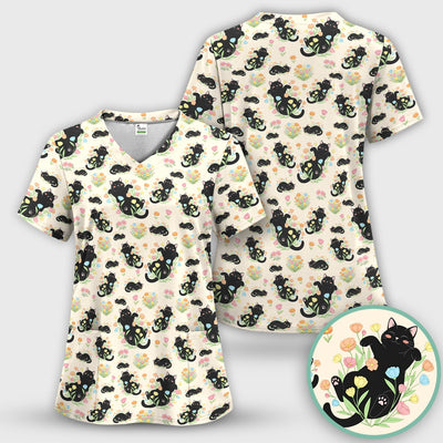 Cats With Cute Poses Floral Pattern Scrubs Top, Comfortable Scrubs for Nurses