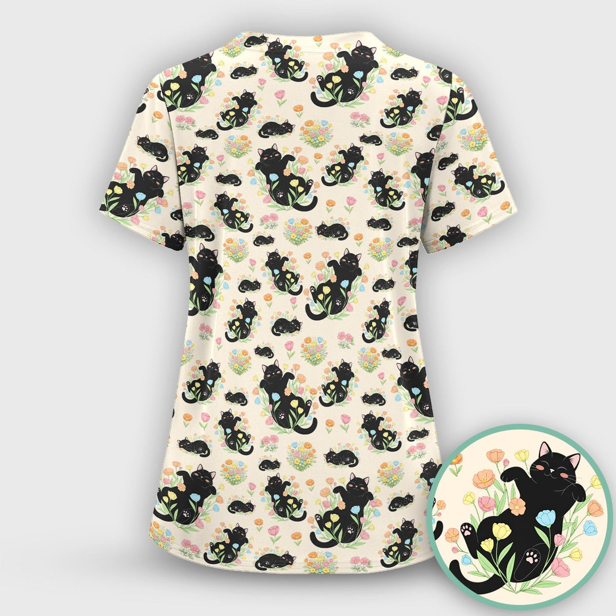 Cats With Cute Poses Floral Pattern Scrubs Top, Comfortable Scrubs for Nurses