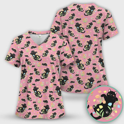Cats With Cute Poses Floral Pattern Scrubs Top, Comfortable Scrubs for Nurses