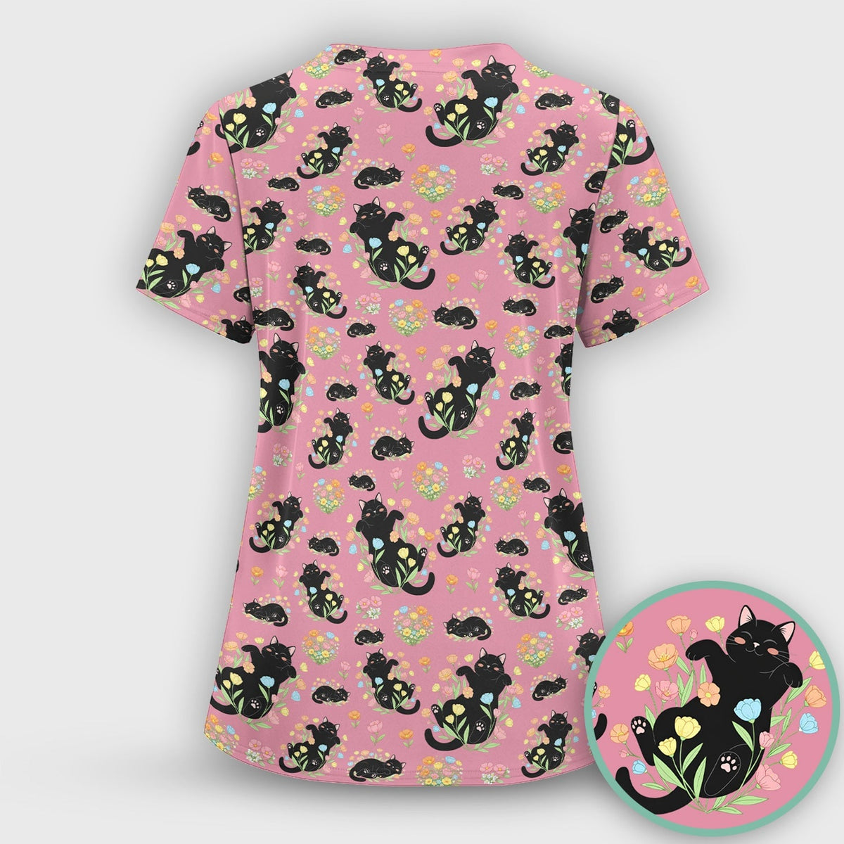 Cats With Cute Poses Floral Pattern Scrubs Top, Comfortable Scrubs for Nurses