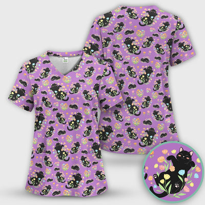 Cats With Cute Poses Floral Pattern Scrubs Top, Comfortable Scrubs for Nurses