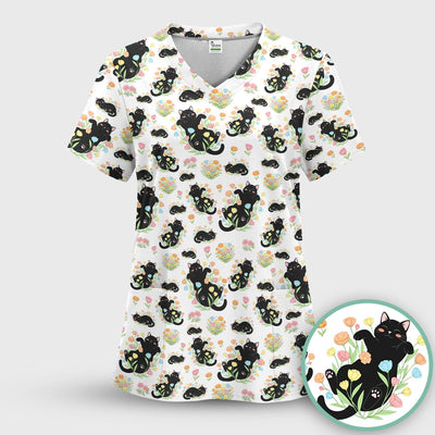 Cats With Cute Poses Floral Pattern Scrubs Top, Comfortable Scrubs for Nurses