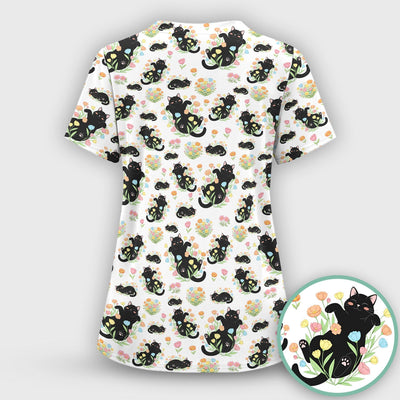 Cats With Cute Poses Floral Pattern Scrubs Top, Comfortable Scrubs for Nurses