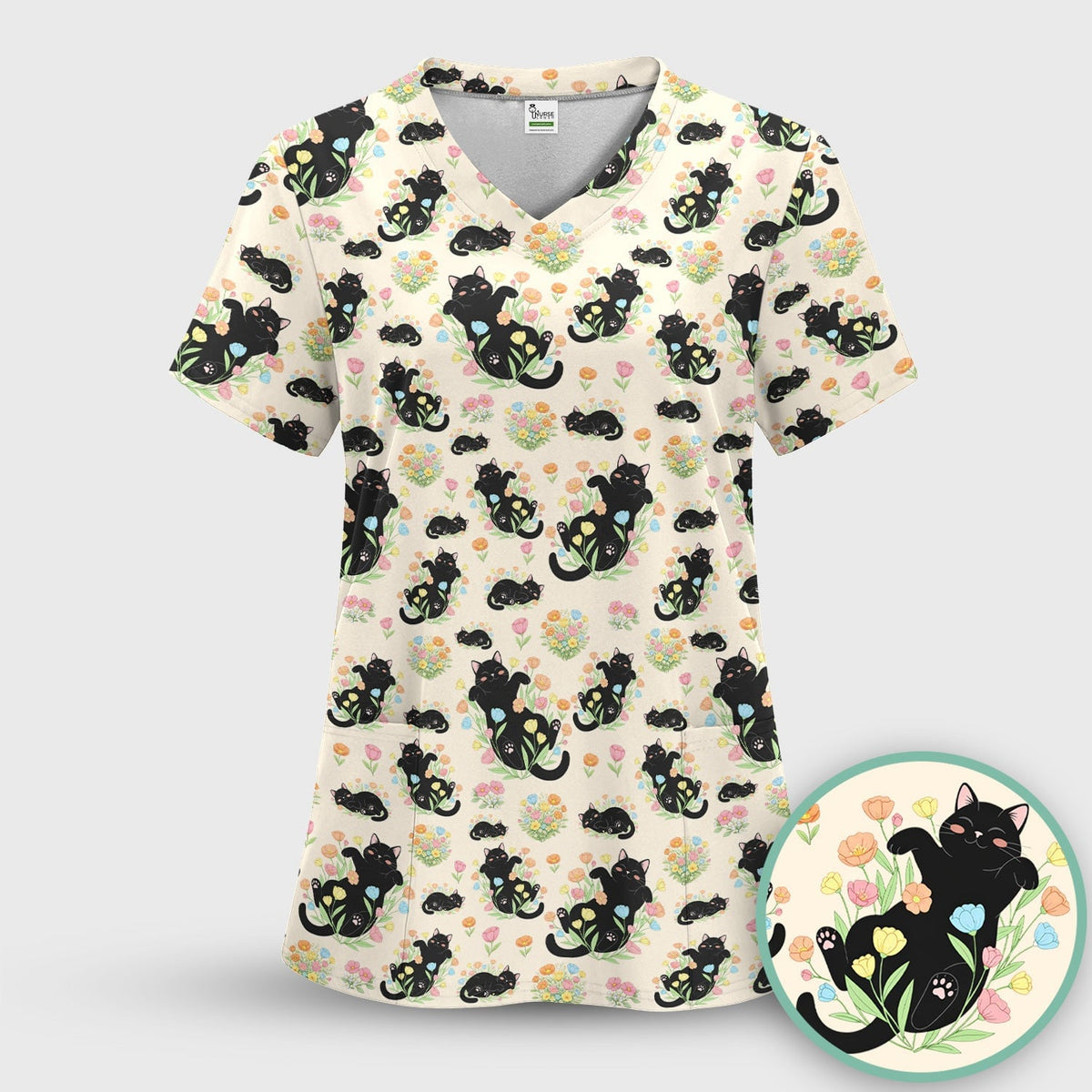 Cats With Cute Poses Floral Pattern Scrubs Top, Comfortable Scrubs for Nurses