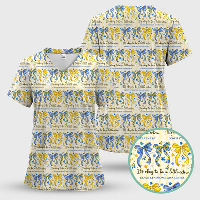 Down Syndrome Awareness Ribbon Pattern Scrub Top Comfortable Nurse Workwear Top