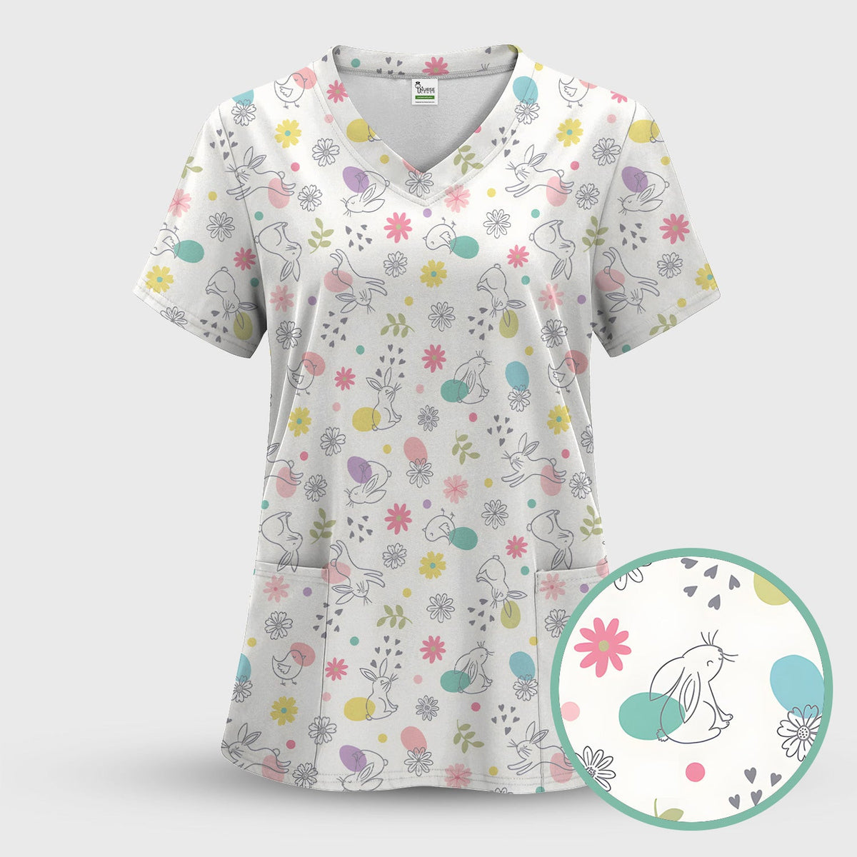 Whimsical Easter Bunny Eggs Pattern Scrub Top, Comfortable Scrubs for Nurses