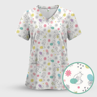 Whimsical Easter Bunny Eggs Pattern Scrub Top, Comfortable Scrubs for Nurses