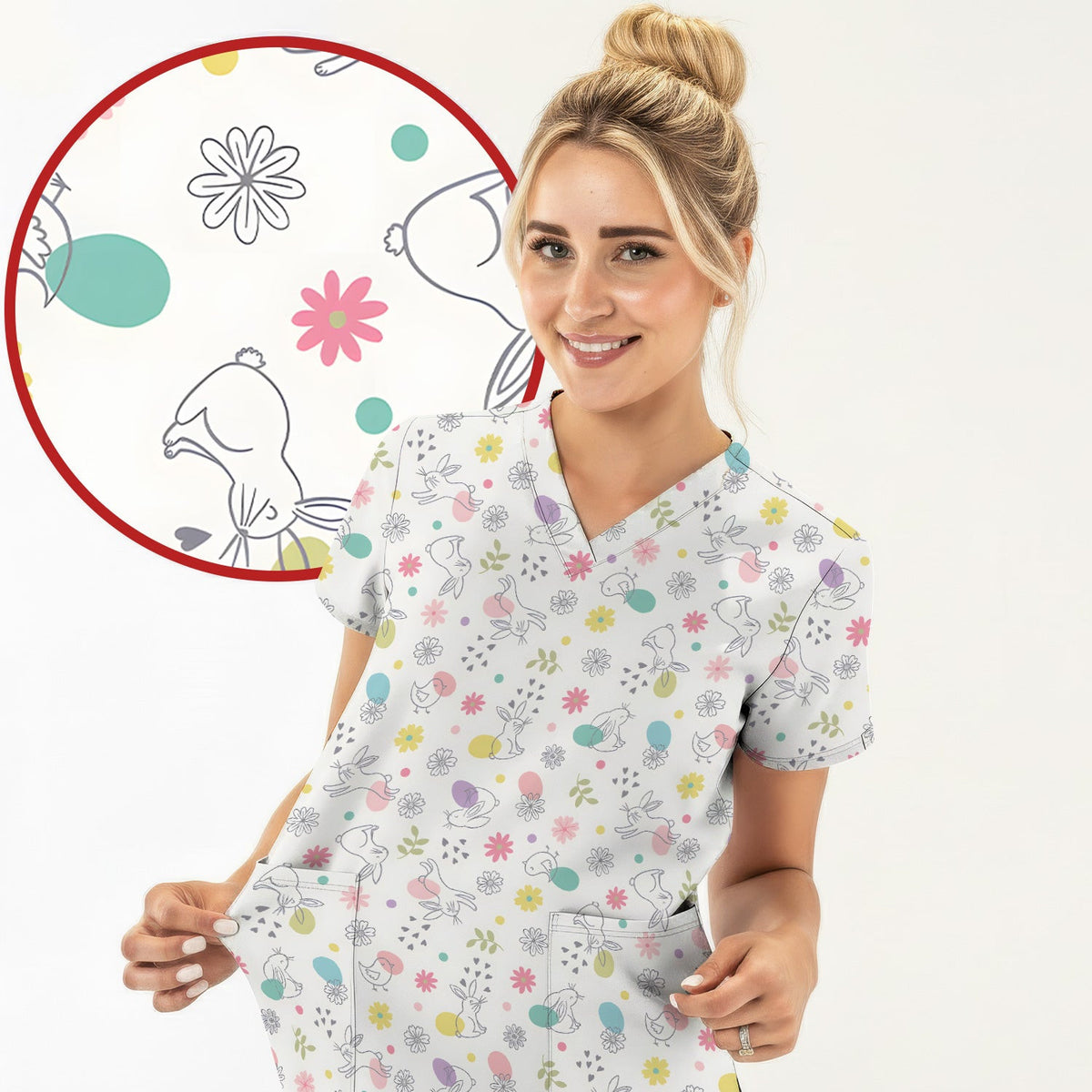 Whimsical Easter Bunny Eggs Pattern Scrub Top, Comfortable Scrubs for Nurses