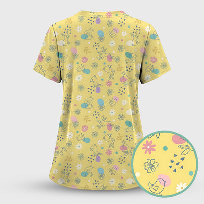 Whimsical Easter Bunny Eggs Pattern Scrub Top, Comfortable Scrubs for Nurses