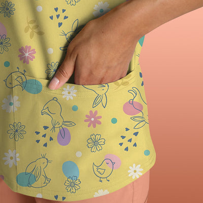 Whimsical Easter Bunny Eggs Pattern Scrub Top, Comfortable Scrubs for Nurses