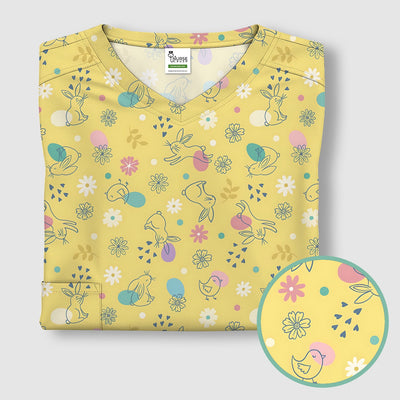 Whimsical Easter Bunny Eggs Pattern Scrub Top, Comfortable Scrubs for Nurses