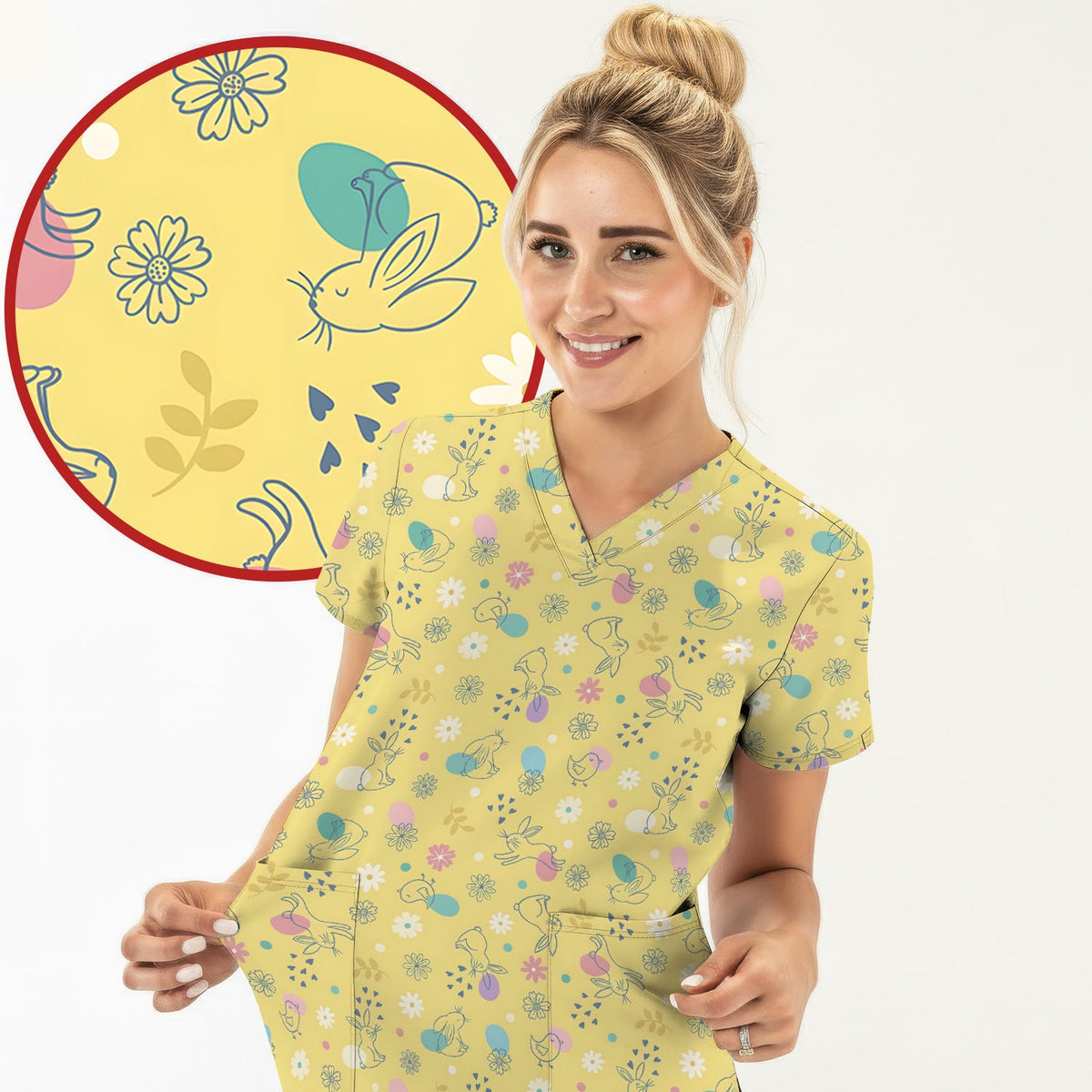 Whimsical Easter Bunny Eggs Pattern Scrub Top, Comfortable Scrubs for Nurses