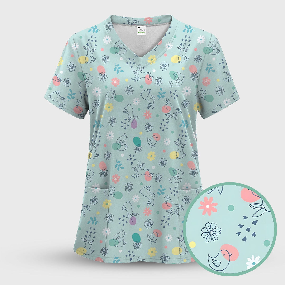 Whimsical Easter Bunny Eggs Pattern Scrub Top, Comfortable Scrubs for Nurses