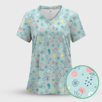 Whimsical Easter Bunny Eggs Pattern Scrub Top, Comfortable Scrubs for Nurses