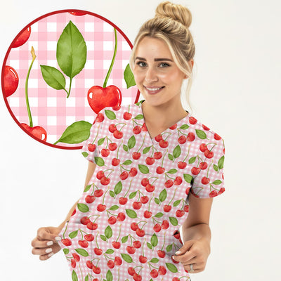 Sweet Red Cherry Gingham Pattern Scrub Top, Comfortable Scrubs for Nurses