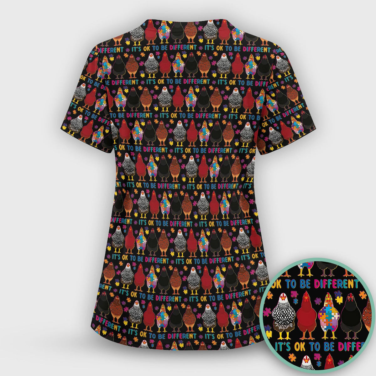Autism Chicken It’s OK to Be Different Print Scrub Top, Comfortable Scrubs for Nurses