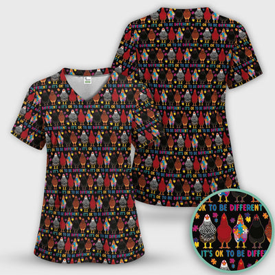 Autism Chicken It’s OK to Be Different Print Scrub Top, Comfortable Scrubs for Nurses