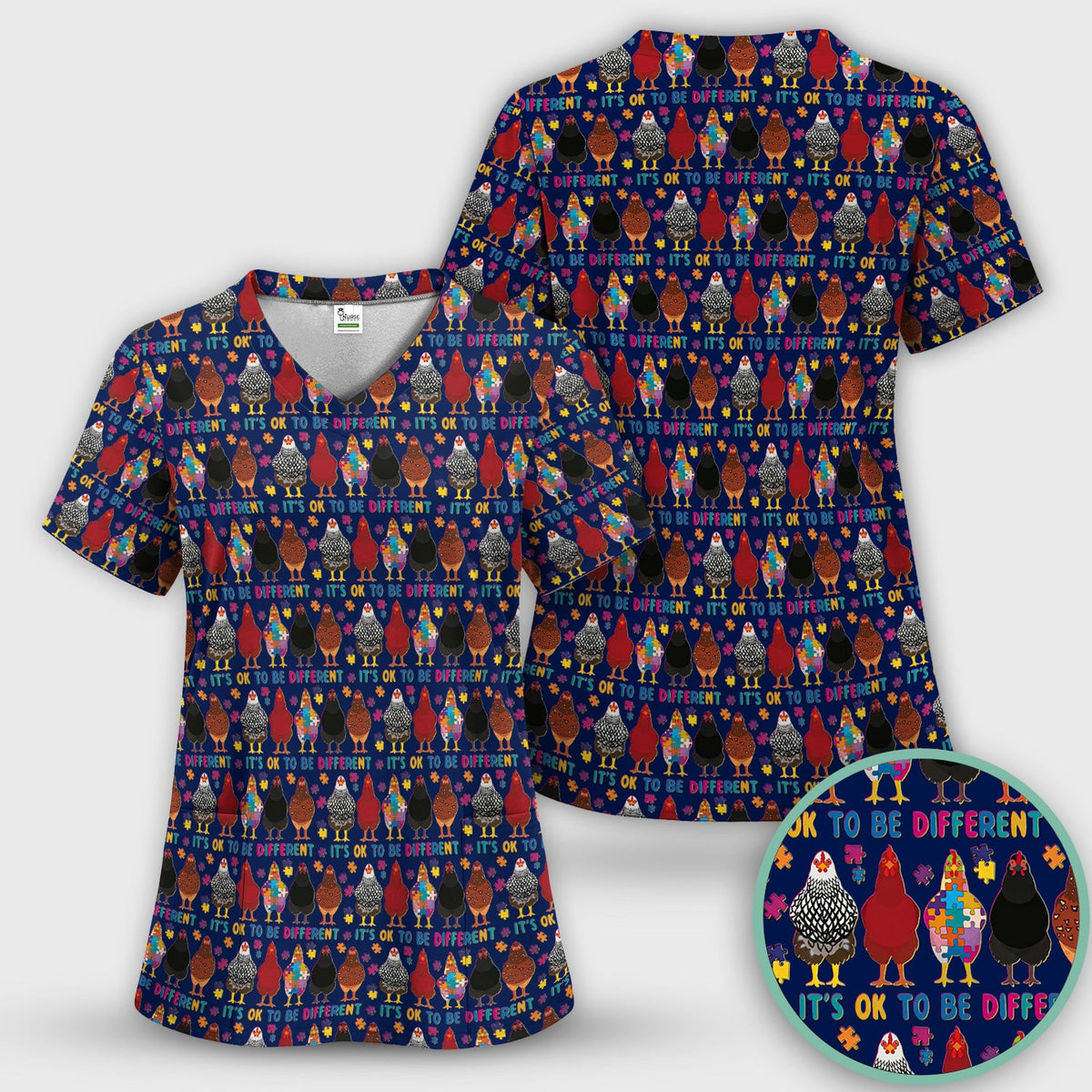 Autism Chicken It’s OK to Be Different Print Scrub Top, Comfortable Scrubs for Nurses