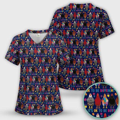 Autism Chicken It’s OK to Be Different Print Scrub Top, Comfortable Scrubs for Nurses