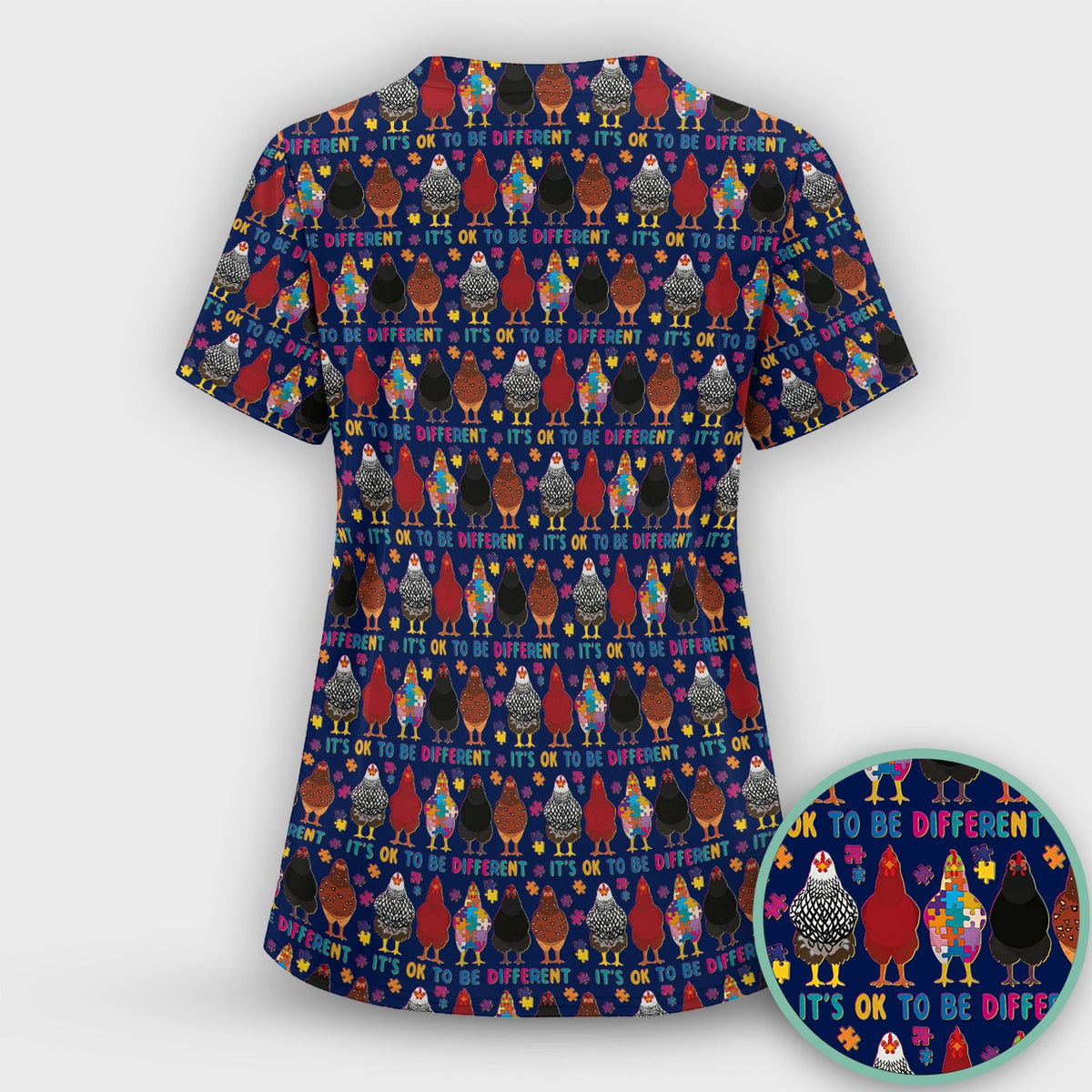 Autism Chicken It’s OK to Be Different Print Scrub Top, Comfortable Scrubs for Nurses