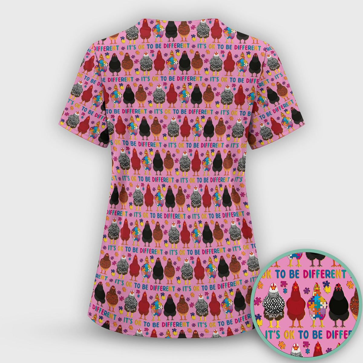 Autism Chicken It’s OK to Be Different Print Scrub Top, Comfortable Scrubs for Nurses