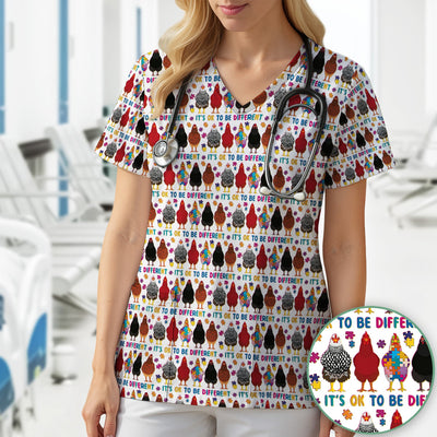 Autism Chicken It’s OK to Be Different Print Scrub Top, Comfortable Scrubs for Nurses