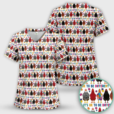 Autism Chicken It’s OK to Be Different Print Scrub Top, Comfortable Scrubs for Nurses