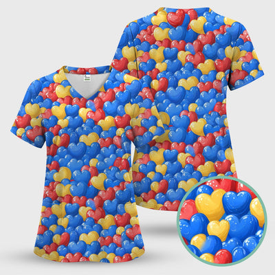 Colorful Autism Heart Pattern Scrub Top, Comfortable Scrubs for Nurses