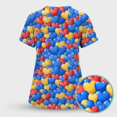 Colorful Autism Heart Pattern Scrub Top, Comfortable Scrubs for Nurses