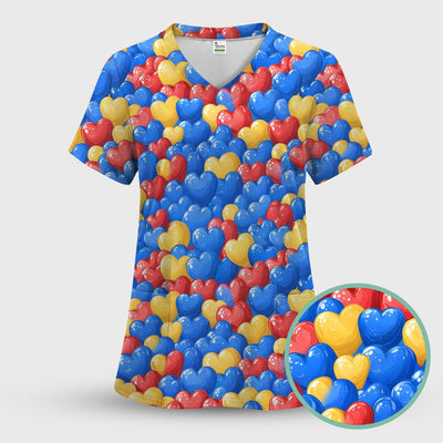 Colorful Autism Heart Pattern Scrub Top, Comfortable Scrubs for Nurses