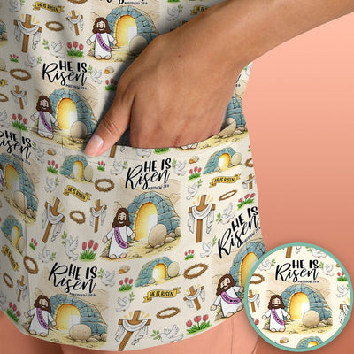 Christian Easter He Is Risen Resurrection Pattern Scrub Top, Breathable Healthcare Uniform Top