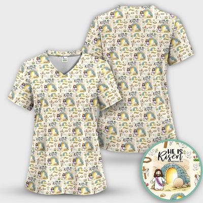Christian Easter He Is Risen Resurrection Pattern Scrub Top, Breathable Healthcare Uniform Top