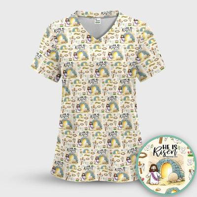 Christian Easter He Is Risen Resurrection Pattern Scrub Top, Breathable Healthcare Uniform Top