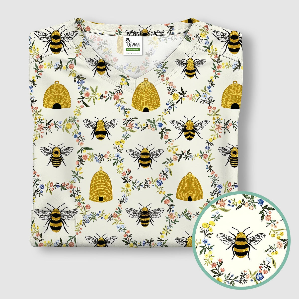 Honey Bee Beehive Floral Pattern Scrub Top, Comfortable Scrubs for Nurses