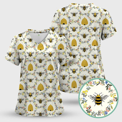 Honey Bee Beehive Floral Pattern Scrub Top, Comfortable Scrubs for Nurses