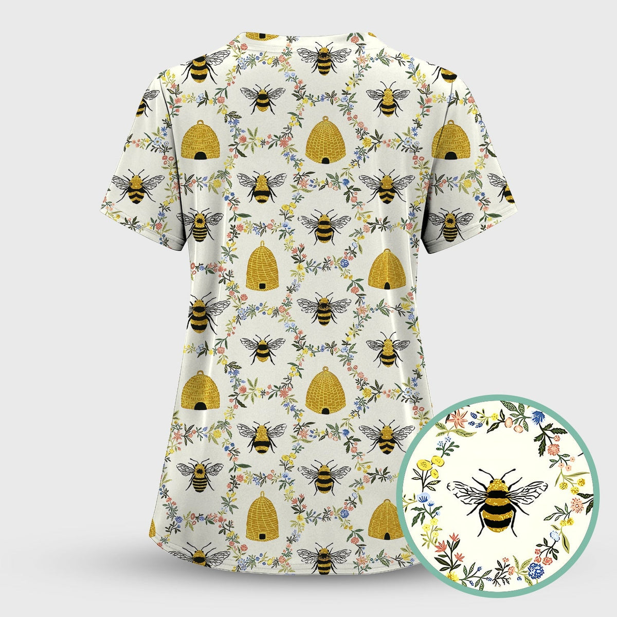 Honey Bee Beehive Floral Pattern Scrub Top, Comfortable Scrubs for Nurses