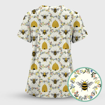 Honey Bee Beehive Floral Pattern Scrub Top, Comfortable Scrubs for Nurses