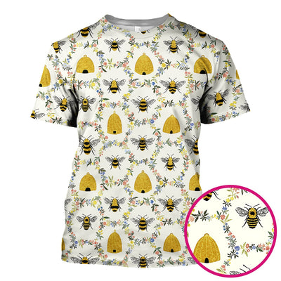 Honey Bee Beehive Floral Pattern Scrub Top, Comfortable Scrubs for Nurses