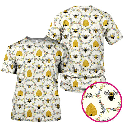 Honey Bee Beehive Floral Pattern Scrub Top, Comfortable Scrubs for Nurses