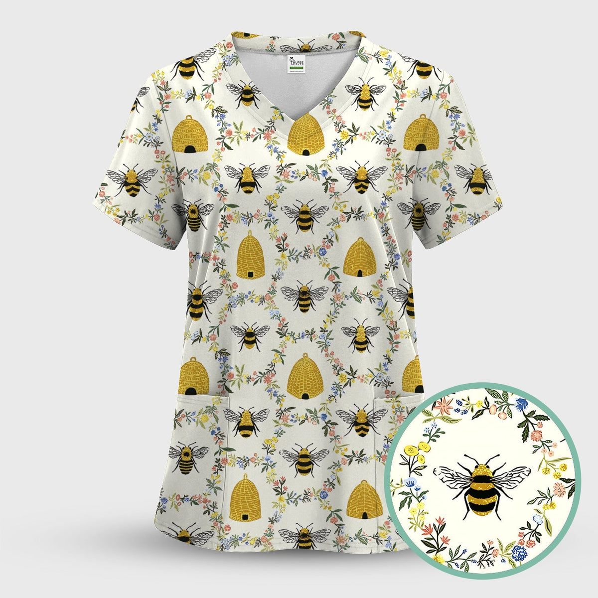 Honey Bee Beehive Floral Pattern Scrub Top, Comfortable Scrubs for Nurses