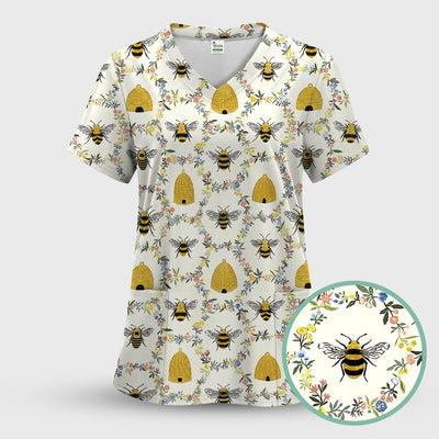 Honey Bee Beehive Floral Pattern Scrub Top, Comfortable Scrubs for Nurses